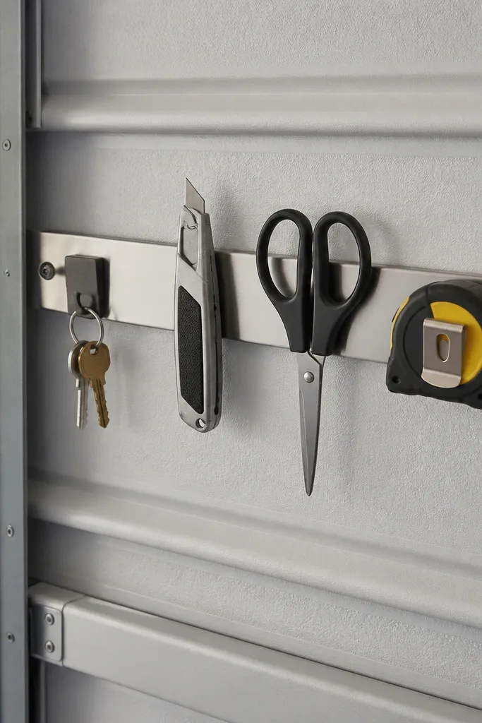 A stainless magnetic strip mounted on the inside of a garage door. Small items - a utility blade holder, a pair of scissors, and a tape measure - are lined up neatly. A small key hook sits at one end with two keys attached.