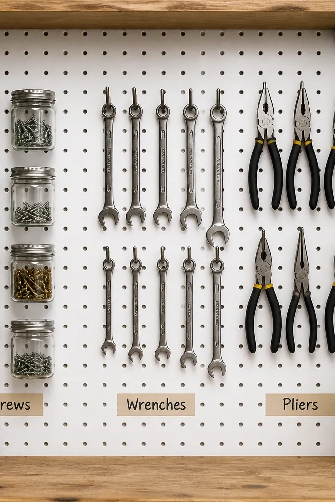 A white pegboard wall section with a neat grid. Tools hang in a consistent pattern with hooks aligned in vertical rows. A hand-drawn-looking but printed label strip reads 'Screws', 'Wrenches', and 'Pliers' under each cluster.