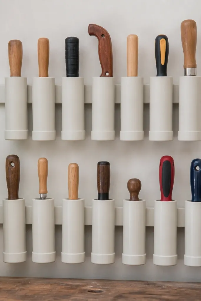 A wall-mounted rack made of light-gray PVC pipes cut into 10- and 12-inch sections. Each pipe has a glued end cap and holds a hand tool handle. The rack is painted off-white and mounted with two horizontal rails.