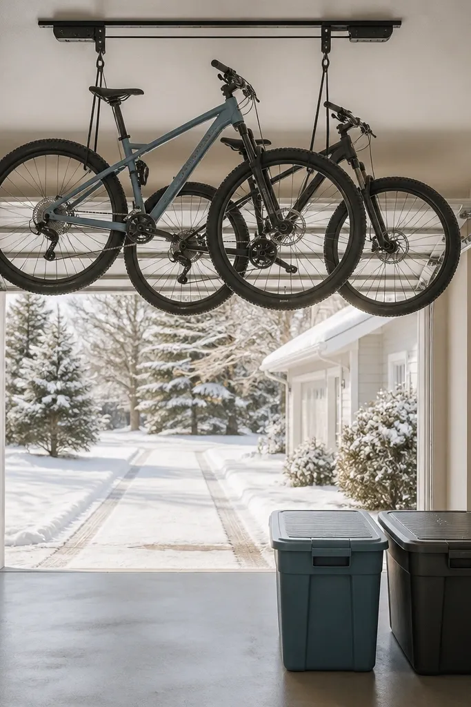 A ceiling-mounted bike hoist holds two bikes above the driveway path. On the floor below, only two large lidded bins sit side-by-side with winter gear labels.