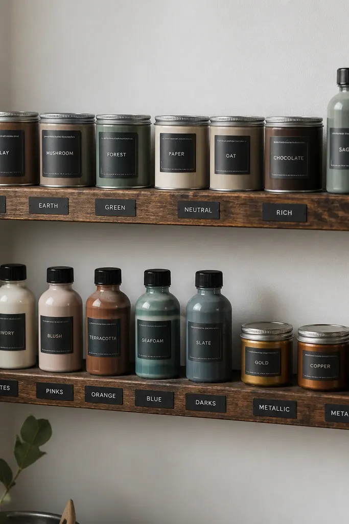 Two narrow wall shelves made from stained scrap wood slats. Small paint cans and bottles sit in a line. Dark vinyl labels sit on the shelf edge and on container fronts.
