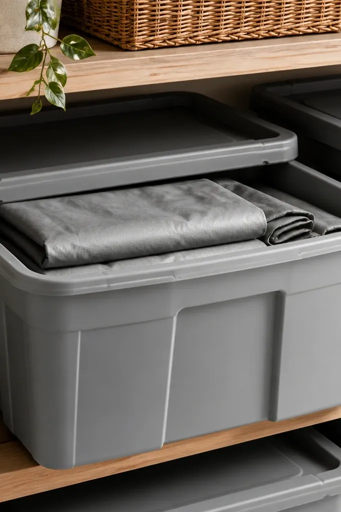 Large gray lidded storage bins on a shelf. Inside are folded patio items wrapped in a matching gray tarp sheet, with a printed label 'Spring Covers' on the front.