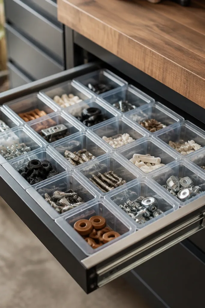 A shallow drawer in a garage workbench filled with small clear plastic organizer bins. Each bin has a clear vinyl label strip that wraps around the front edge.