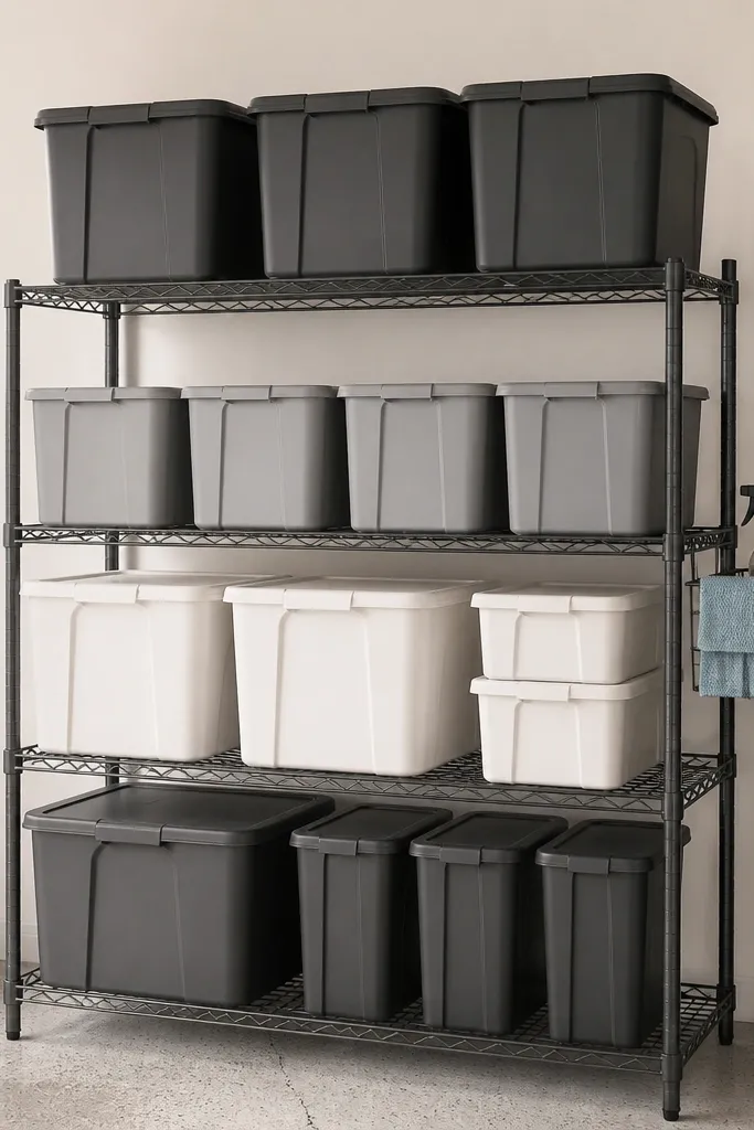 A wire garage shelf with lidded bins arranged by height. A small caddy sits on the side with a spray bottle and microfiber cloth. Labels face outward.