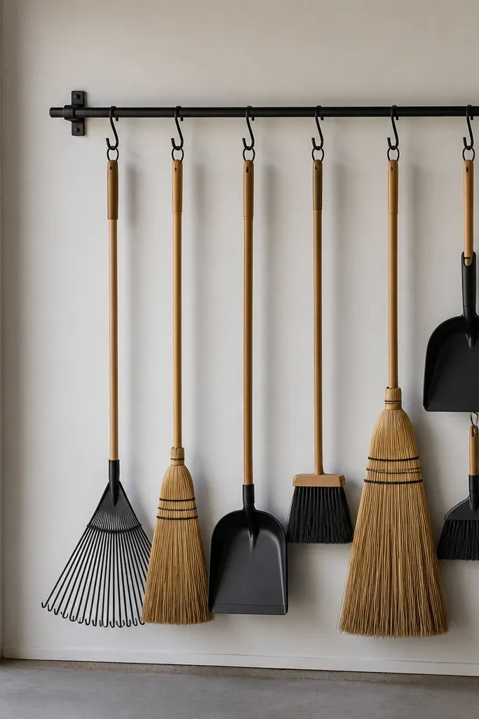 A simple black curtain rod mounted on two brackets on a garage wall. Rakes, brooms, and dustpans hang with hooks clipped at consistent heights.