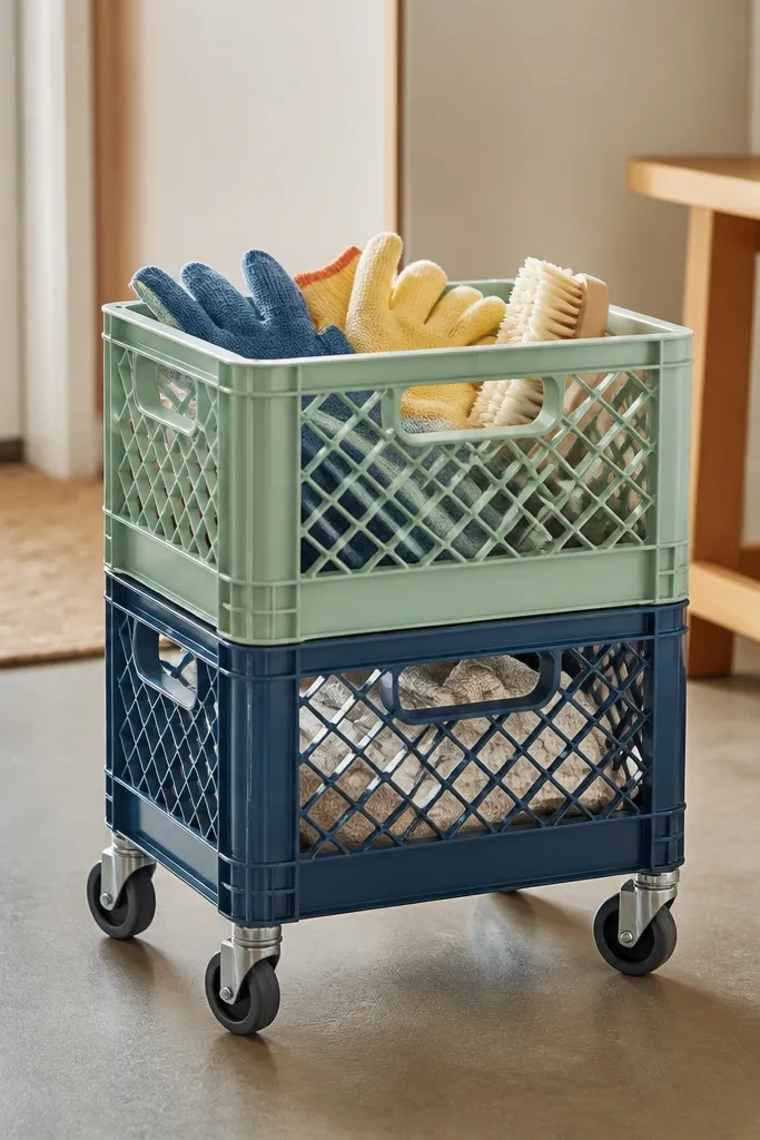 A small rolling cart made from two stacked plastic milk crates on casters. The top crate holds kid-sized gloves and a small brush; the lower crate holds cleaning cloths.