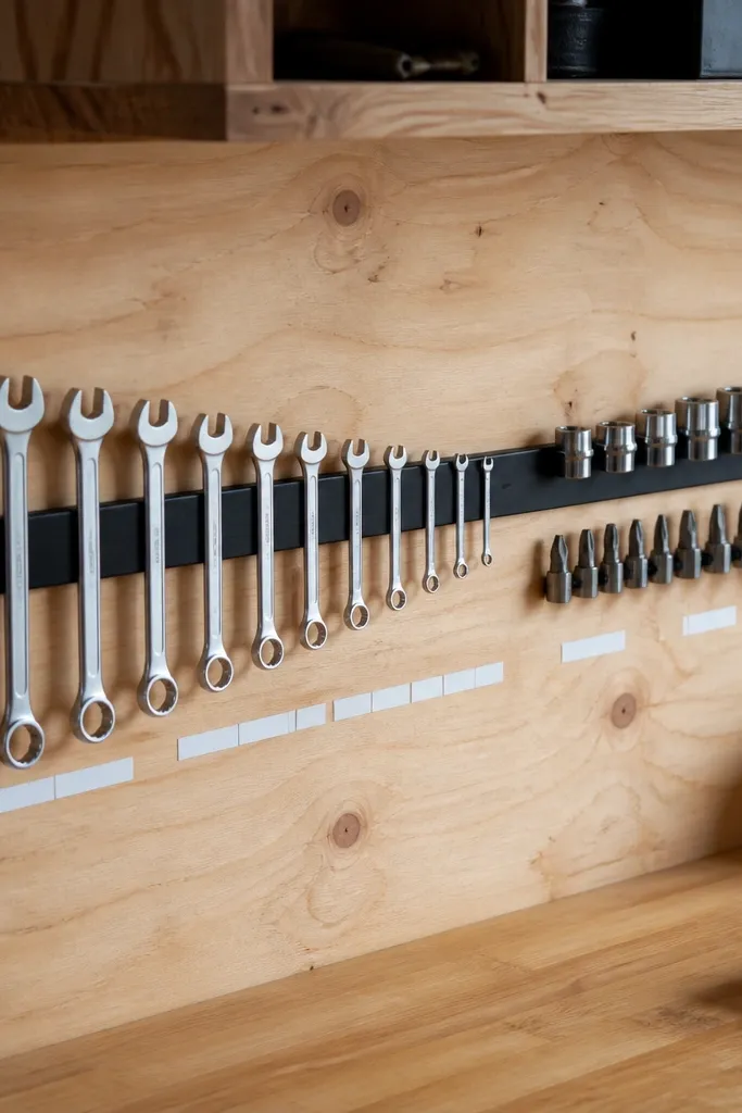 A long magnetic strip mounted on a plywood panel. Several small wrenches and socket bits sit in neat rows. Small white vinyl labels mark each category.