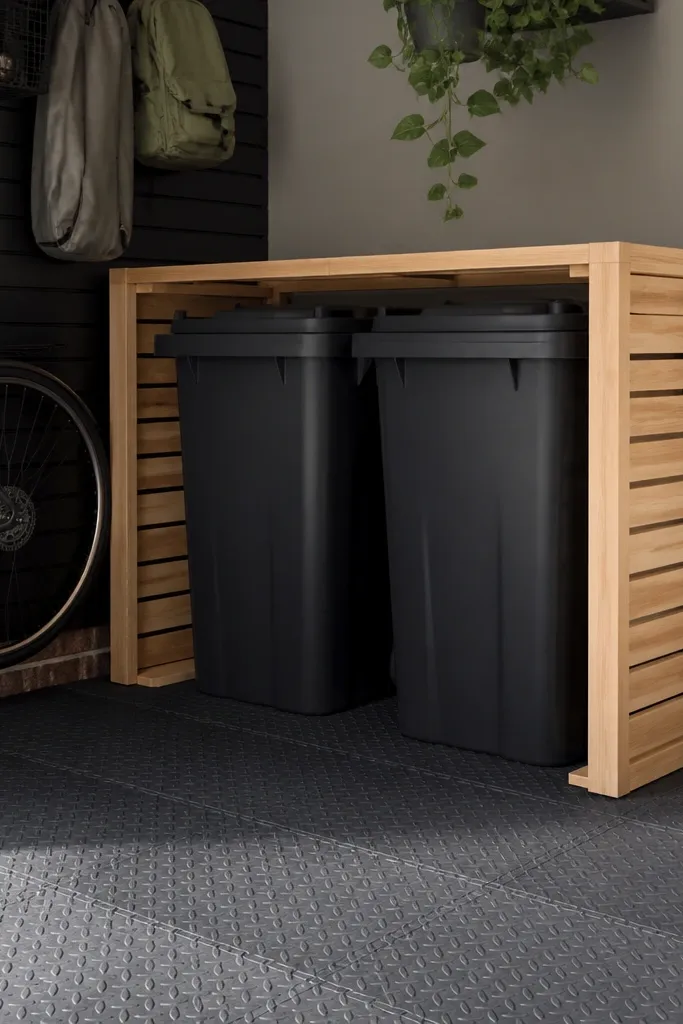 A garage corner covered with dark gray interlocking rubber mats. On one side are two lidded bins tucked behind a simple wooden bin locker frame.