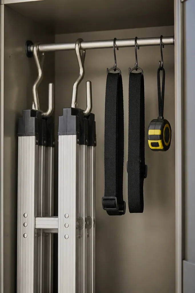 A tension rod installed inside a tall bin or cabinet. Ladder accessories hang from small hooks: extension ladder hooks, straps, and a measuring tape.