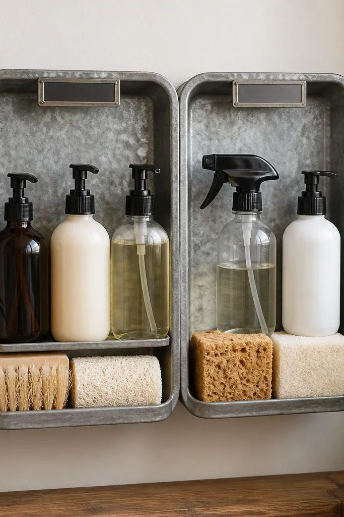 A vertical wall organizer made from two galvanized sheet pans mounted side-by-side. Each pan holds bottles and sponges lined up. Vinyl labels are stuck to the top rim.