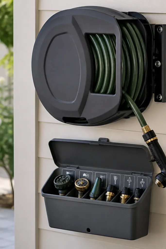 A wall-mounted hose reel with a small lidded bin beneath it. The bin has a drainage hole and holds spray nozzles and hose-end attachments. Vinyl labels point to each nozzle type.