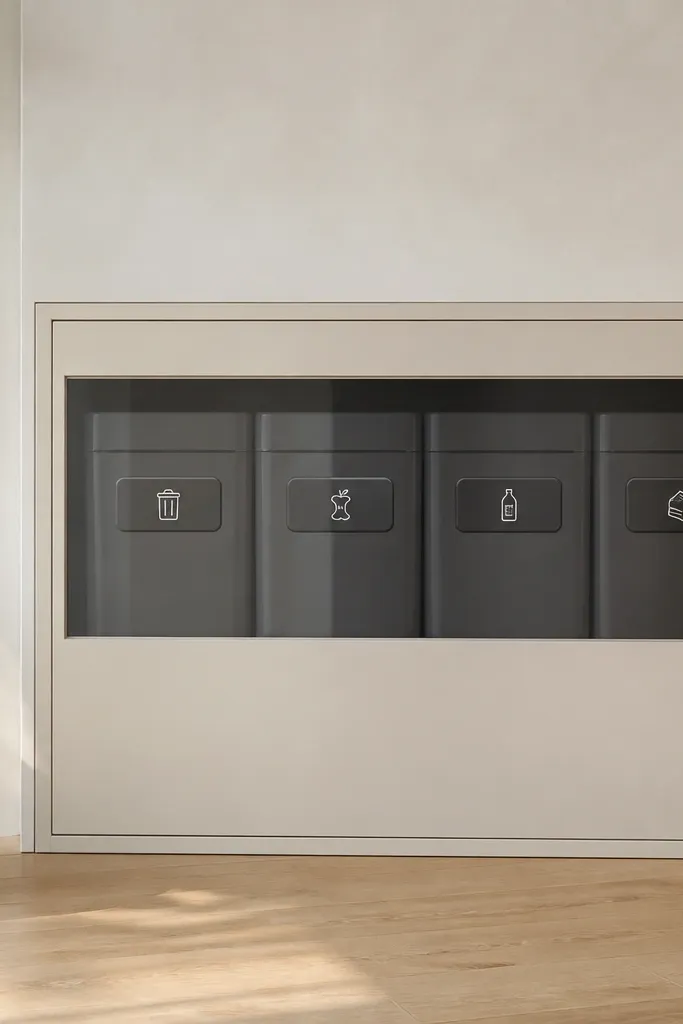A wall section with four bins behind a clear acrylic front panel. Labels sit on the outside, while the lids are hidden behind the panel. The panel edges are painted to match the wall.