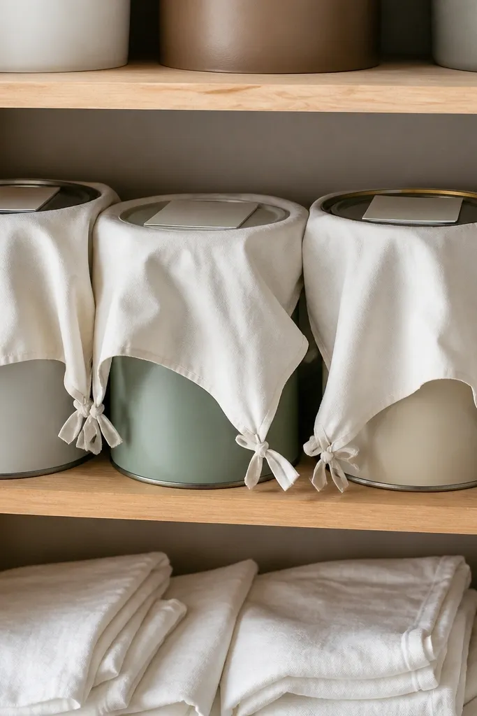 Paint cans sitting on a shelf with folded white bed-sheet dust covers draped over them. The covers have small corner ties and labels on the can lids.