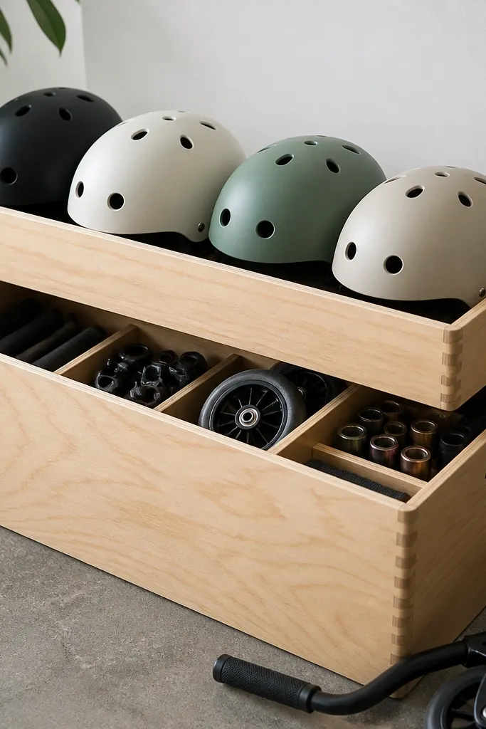 A two-tier organizer made from a small plywood box with a removable top tray. The top holds helmets in a row, and the lower tray holds scooter parts in small bins.