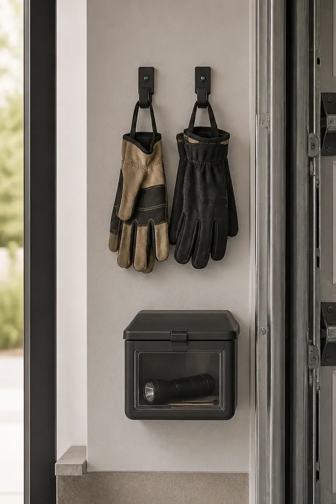 A narrow strip of wall space near the garage door with two hooks and a small lidded bin. Gloves hang on hooks, and a flashlight sits in a small labeled bin with a clear front.