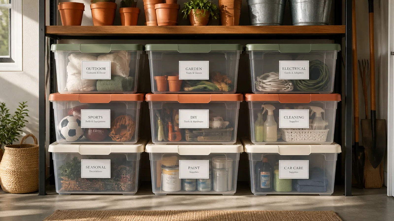 A wall of matching clear stackable plastic totes with color-coded lids and printed labels, neatly stacked three high on a garage shelf.