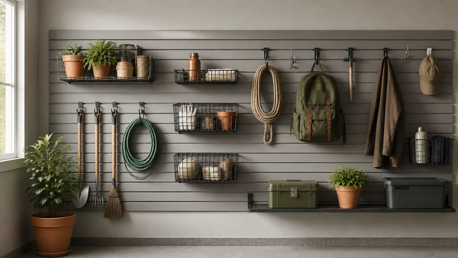 A gray slatwall panel covering a garage wall with hooks, wire baskets, and shelf brackets holding tools and supplies.