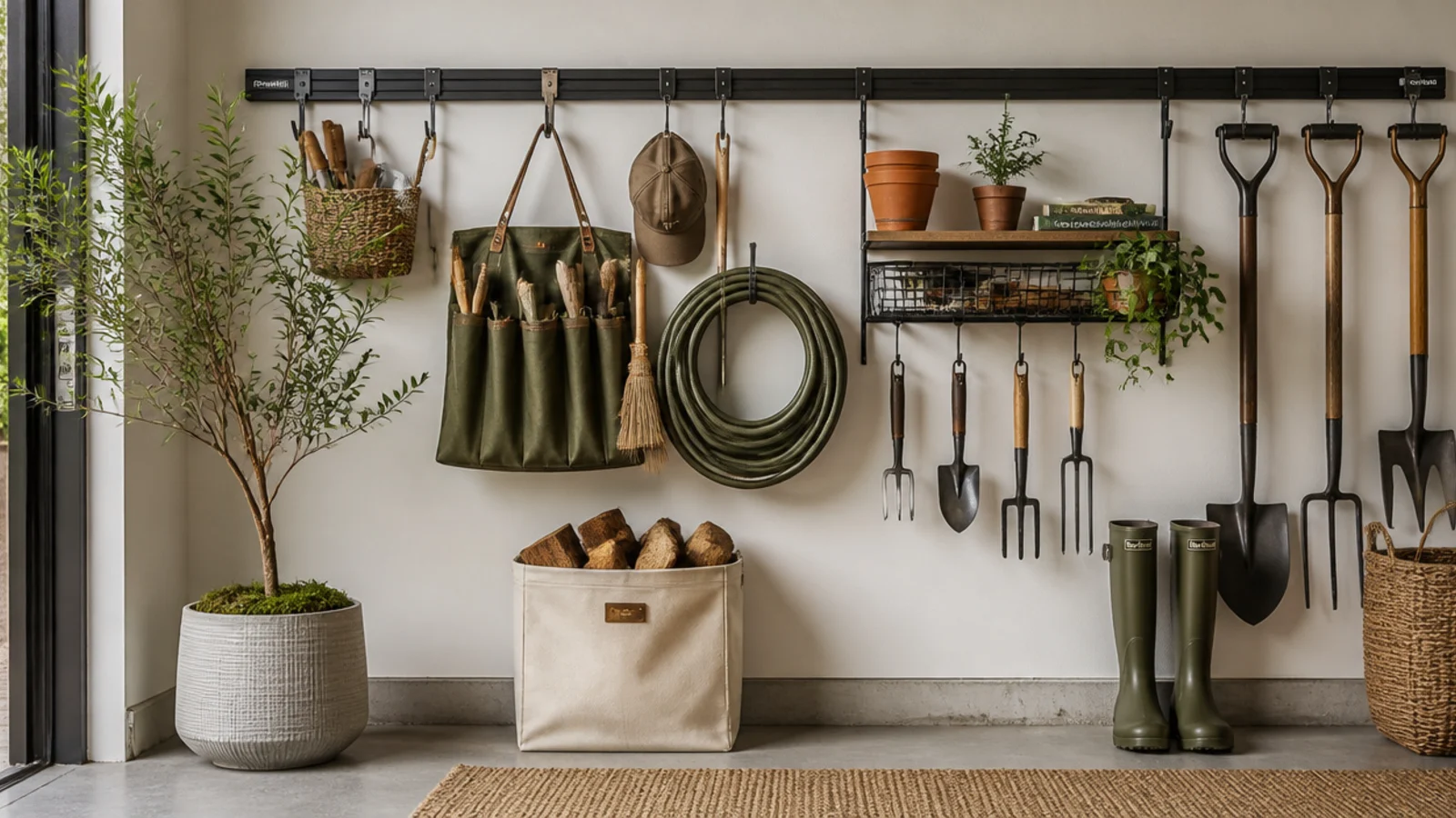 A horizontal steel rail mounted high on a garage wall with hooks, baskets, and a bracketed shelf hanging from it holding garden tools.