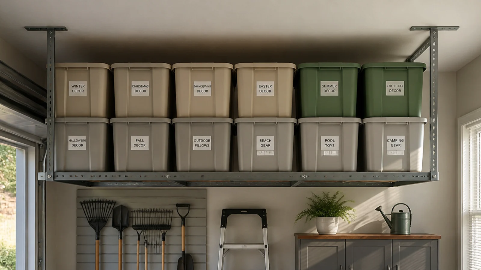 A steel overhead storage rack bolted to the garage ceiling holding rows of labeled seasonal totes above the parking area.