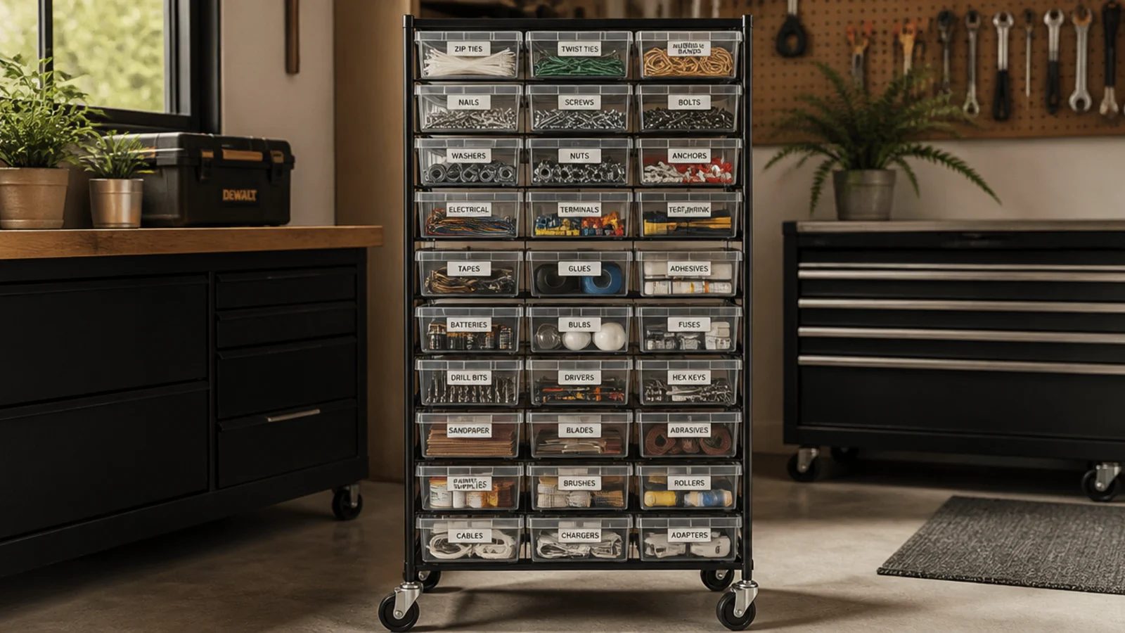 A tall rolling cart of clear plastic drawers on locking casters, each drawer labeled and holding sorted small supplies.
