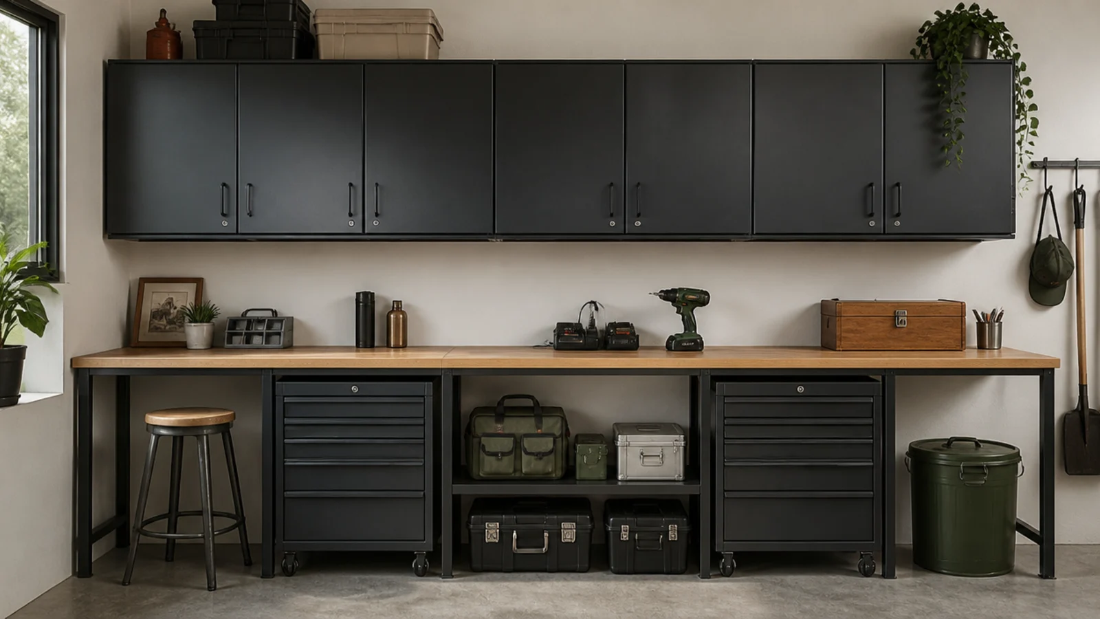 A run of closed steel garage wall cabinets mounted above a workbench, doors shut, hiding stored supplies behind them.