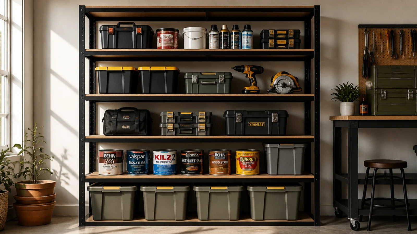 A tall industrial boltless steel shelving unit with particleboard decks holding heavy bins, paint cans, and power tools.