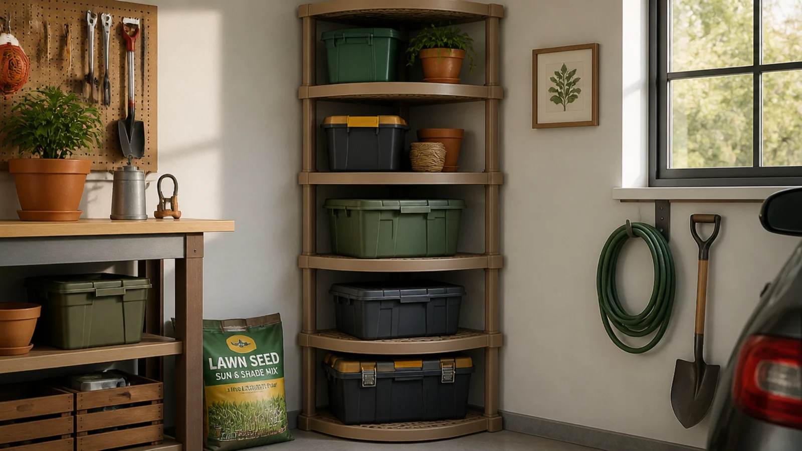 A five-tier corner shelving tower fitted into a garage corner holding stacked bins and supplies on angled shelves.