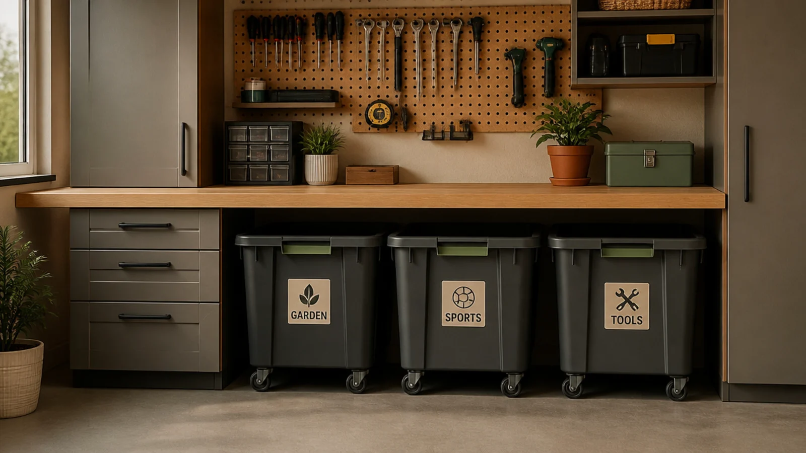 Large labeled bins on casters rolled neatly into the open space beneath a garage workbench.