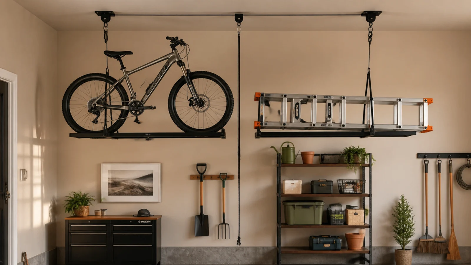 A pulley hoist system on the garage ceiling lifting a bicycle and an extension ladder up out of the way.
