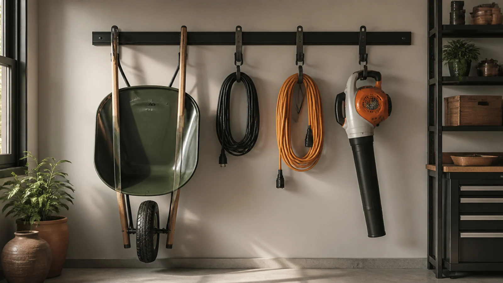 A wall track lined with large hooks holding a wheelbarrow, extension cords, and a leaf blower off the floor.