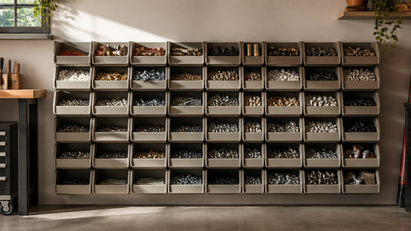 A shelf wall of small open-front stackable parts bins in rows, each holding a different category of hardware.