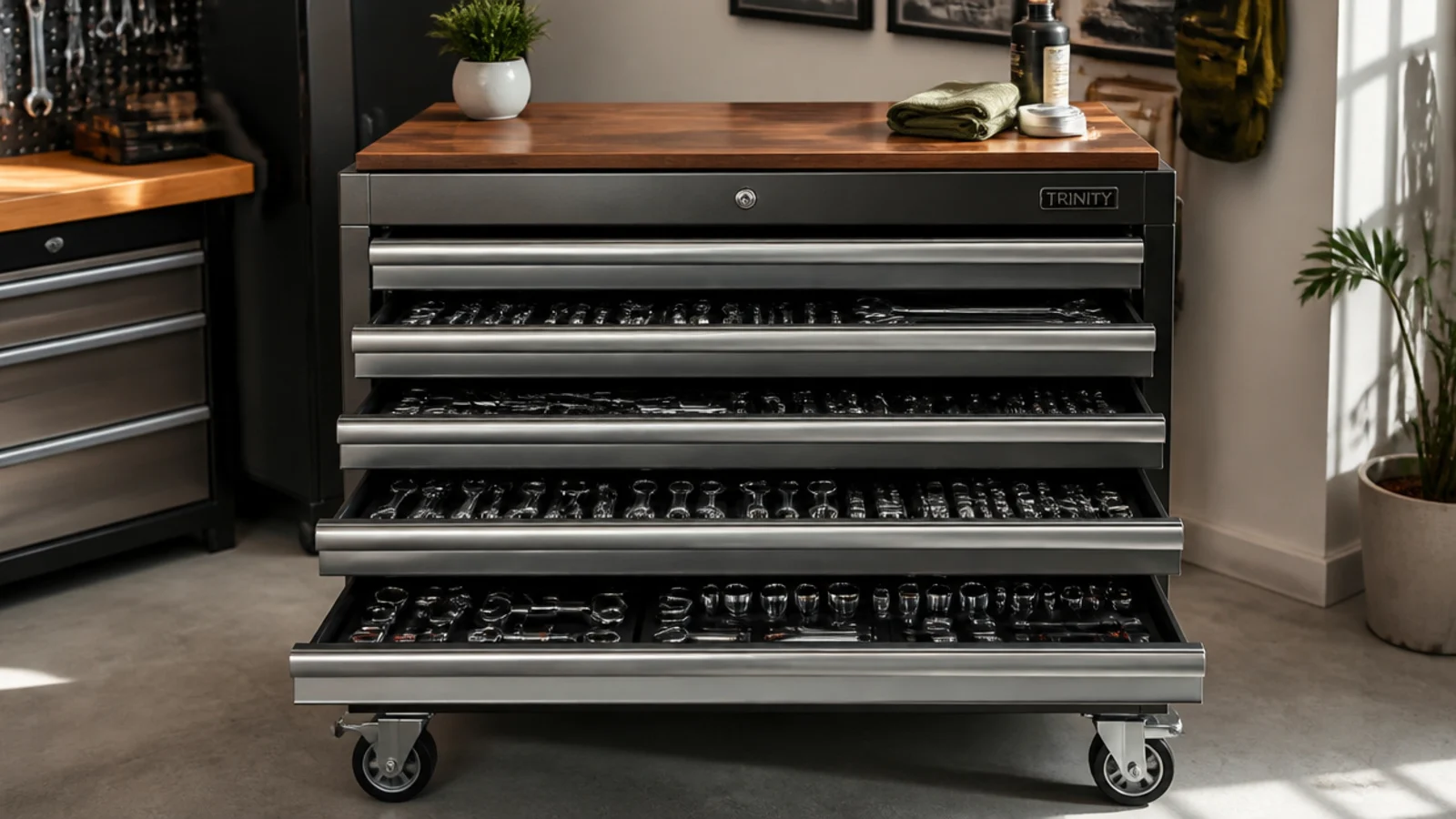 A steel rolling tool chest with multiple deep drawers lined with foam, holding organized wrenches and sockets.