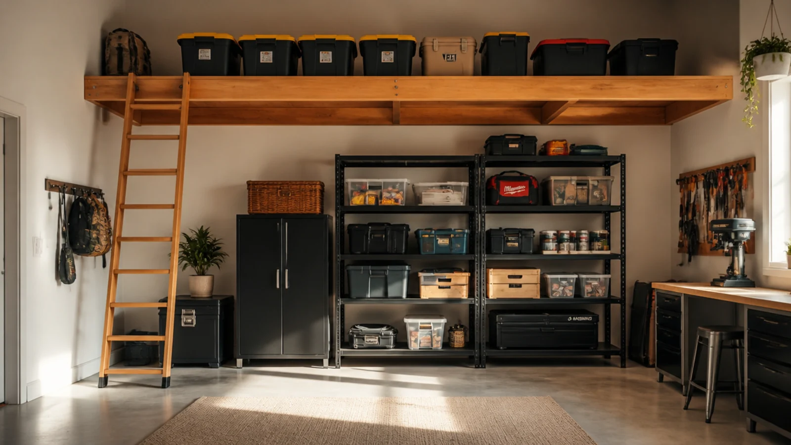 A built wooden loft platform spanning the rear of a high garage, loaded with seasonal bins and accessed by a ladder.