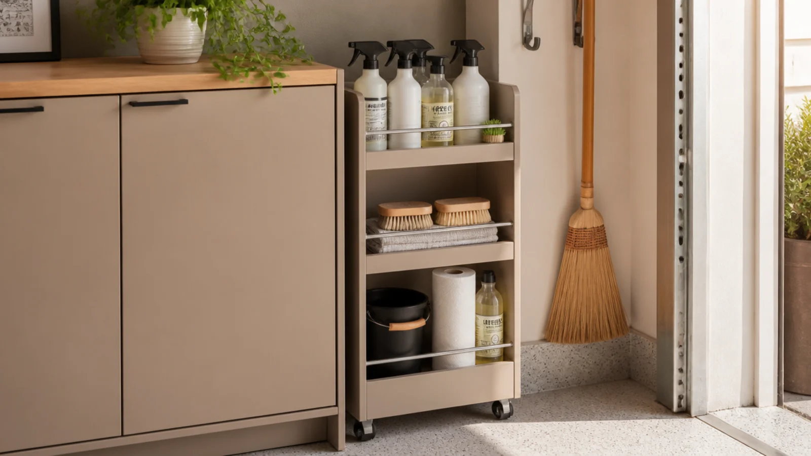 A slim rolling storage tower pulled out from a narrow gap between a cabinet and the garage wall, holding cleaning supplies.
