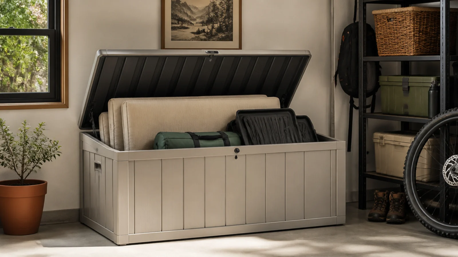 A large resin deck box in a garage corner with the lid open, holding bulky cushions, car mats, and outdoor gear.