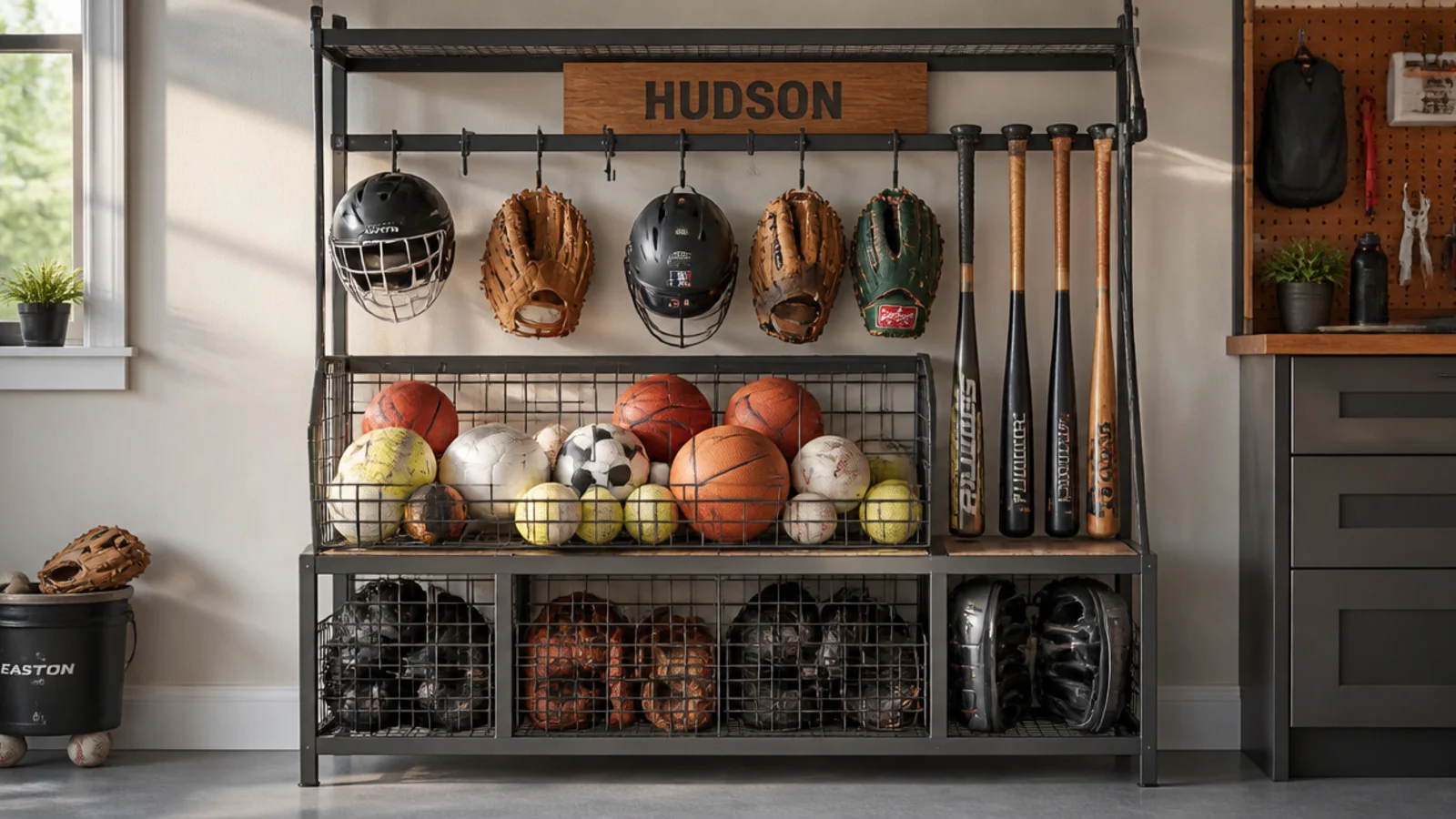 A freestanding sports organizer with a ball cage, hooks for helmets and bats, and bins for gloves and pads.