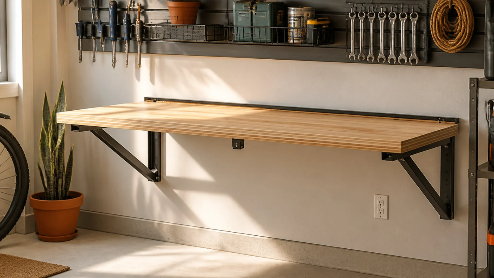 A wall-mounted workbench folded down flat against the garage wall on hinged brackets to save floor space.