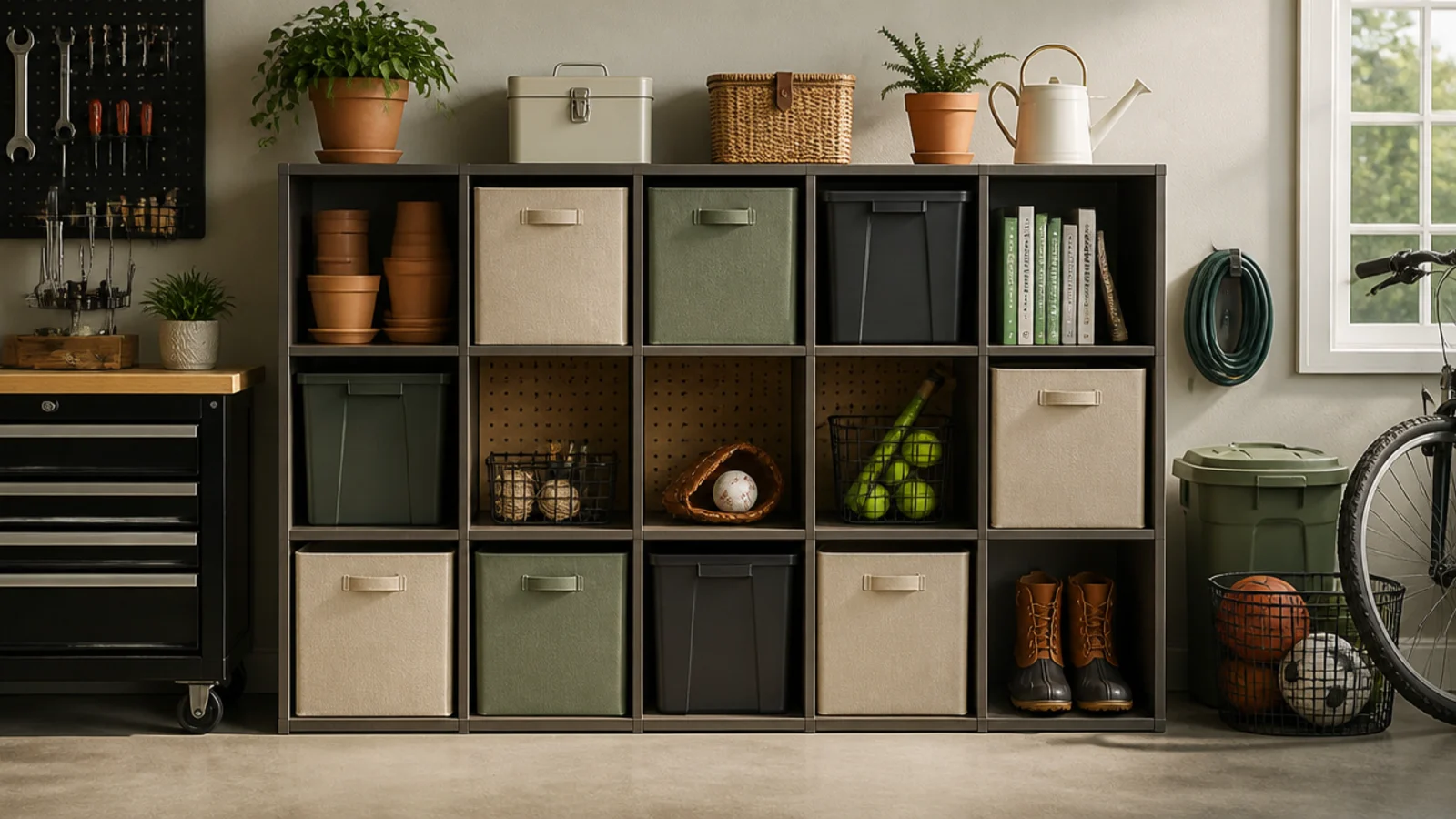 A grid of modular storage cubes along a garage wall, some open and some fitted with fabric or plastic bin inserts.