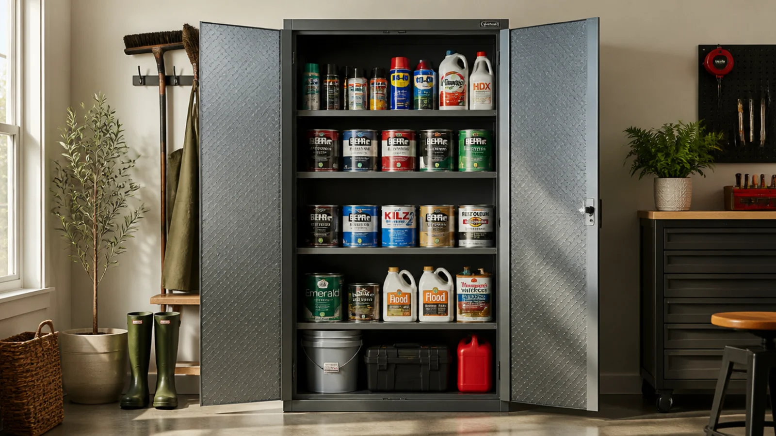 A tall locking metal cabinet in a garage with the door open showing shelves of neatly arranged paints and chemicals.