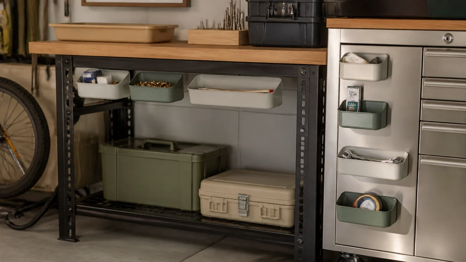 Small magnetic bins and trays stuck to the underside of a steel garage shelf and the side of a metal cabinet holding small parts.