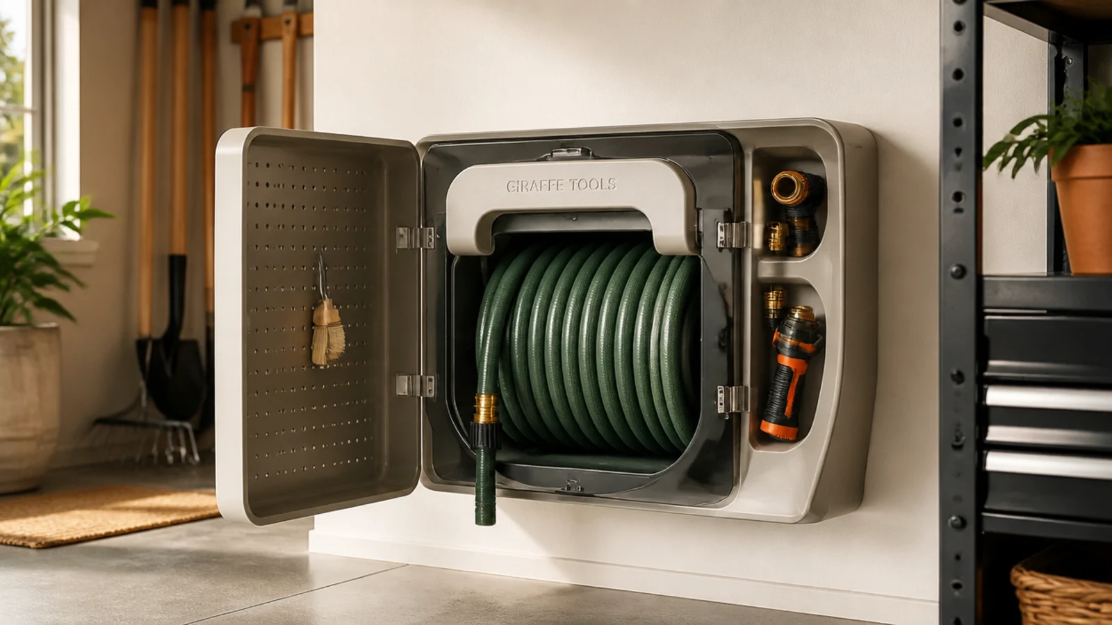 A wall-mounted hose reel cabinet in a garage neatly winding a garden hose with nozzles stored in a side tray.