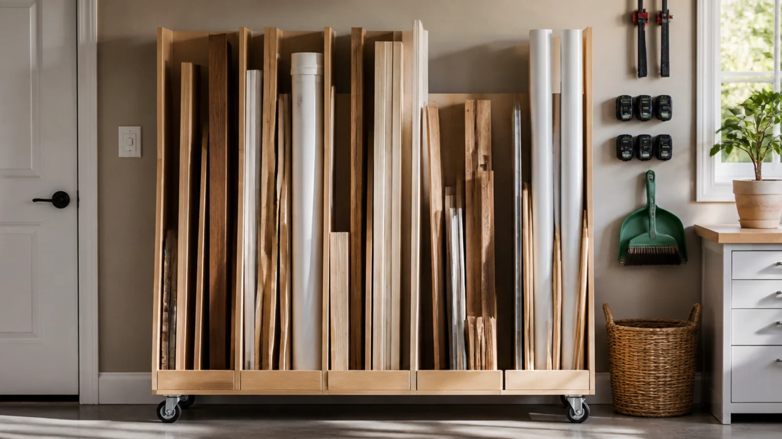 A tall vertical rack of divided slots in a garage corner holding lumber offcuts, trim, and lengths of pipe upright.