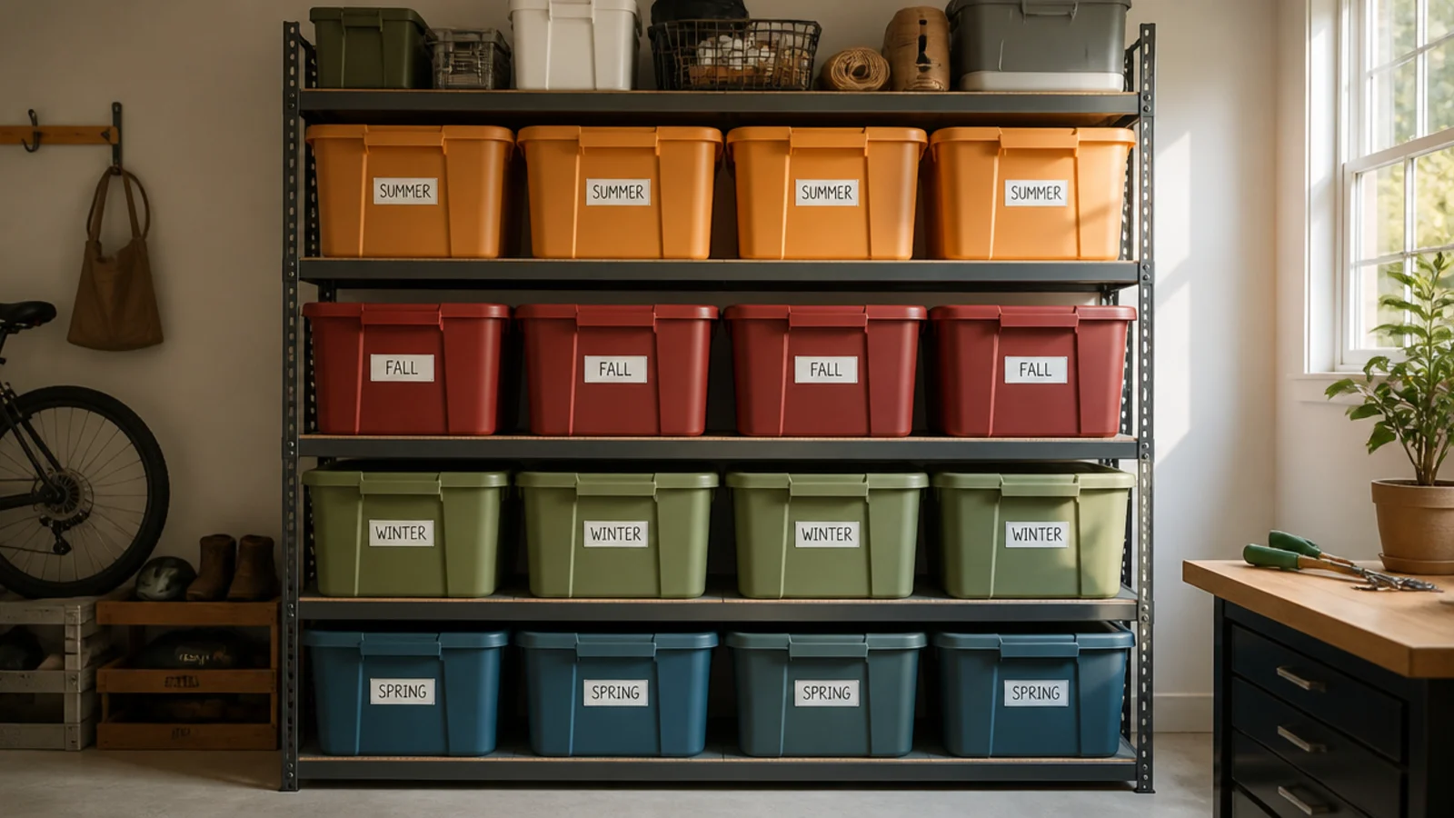 A shelf of storage totes with lids color-coded by season - orange, red, green, and blue - each clearly labeled.