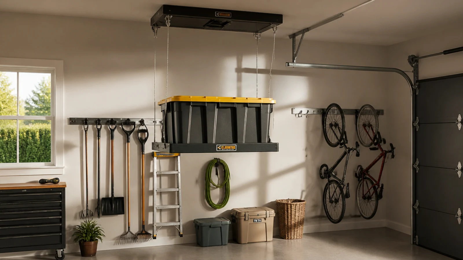 A ceiling-mounted lift platform lowered on cables holding a tote at chest height for easy loading in a garage.