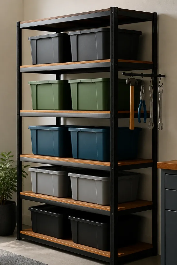 A black powder-coated shelving unit with multiple levels. The shelves look like warm wood grain but are smooth and sealed. Colored bins sit on each level, and a slim hanging rail for tools runs along the side.