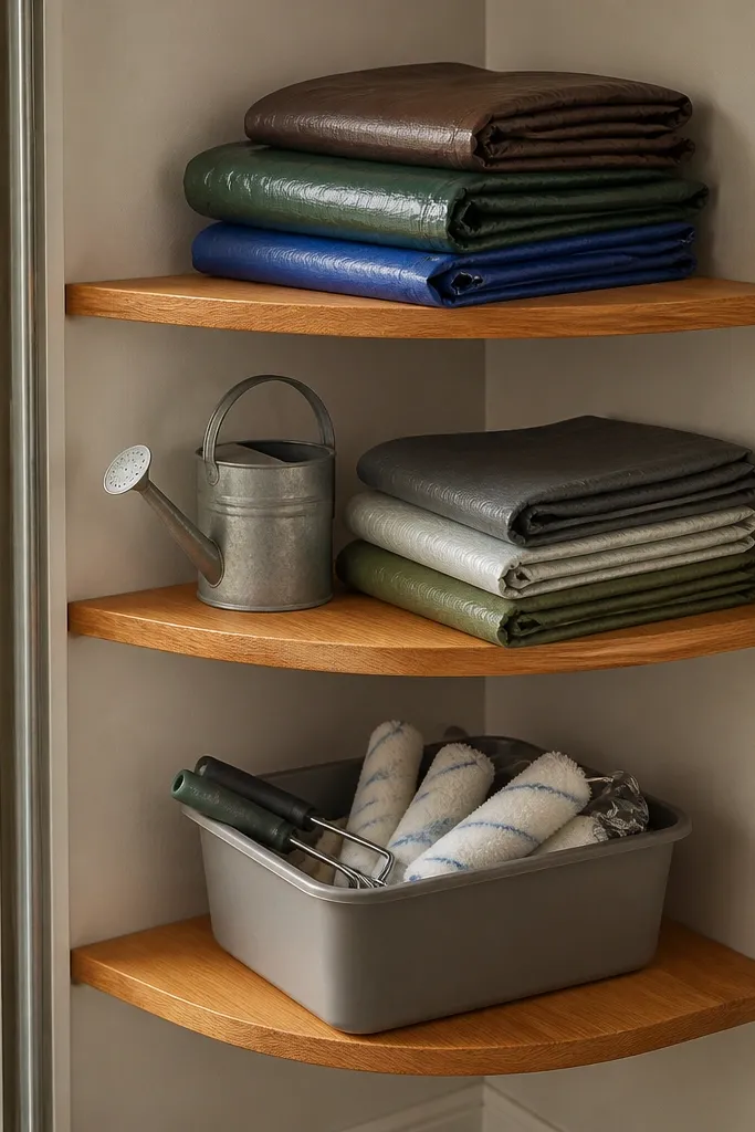 A corner unit with two vertical sides and three horizontal shelves. The shelves are natural wood grain but sealed, with a light amber tone. The unit holds folded tarps, a small watering can, and paint rollers in a bin.