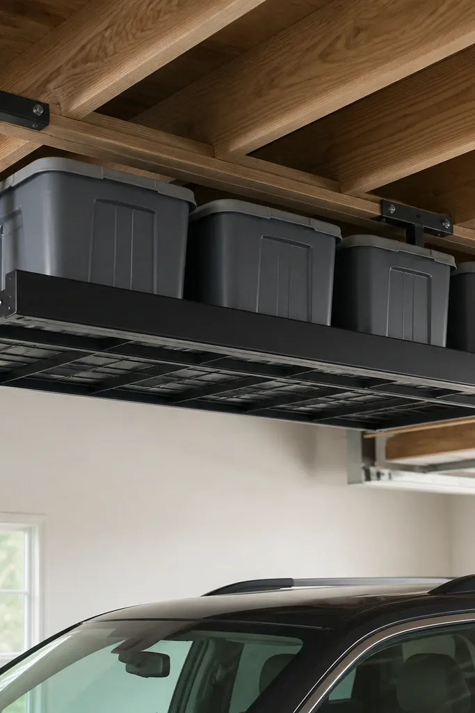 A low-profile overhead rack mounted to ceiling joists. The shelves hold stackable plastic bins with lids. A front safety lip keeps bins from sliding forward, and the area below looks open for cars.