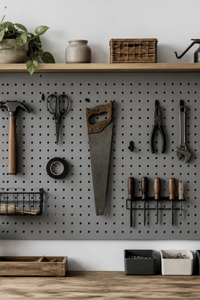 A pegboard wall with a narrow shelf mounted on top. Tools hang from hooks, and small bins sit on a sealed wooden shelf. The board is painted a soft gray, and the hooks are mostly black.