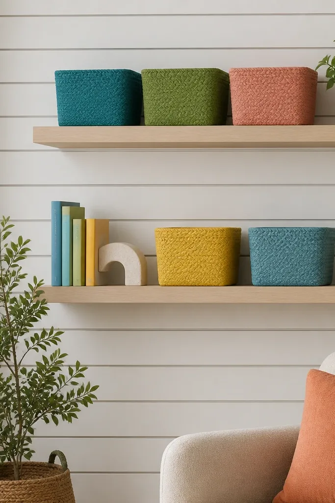 A slat wall with evenly spaced horizontal wood slats painted warm white. Two floating shelves sit on the slats with metal hidden brackets. Colorful bins and a small planter sit on the shelves for a styled look.