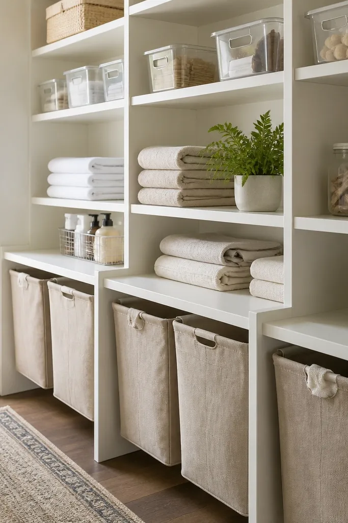 Open wooden shelves painted off-white with a simple white trim. Under several sections, fabric bin liners in neutral tan slide into place. Clear bins sit on the top shelf for small items.
